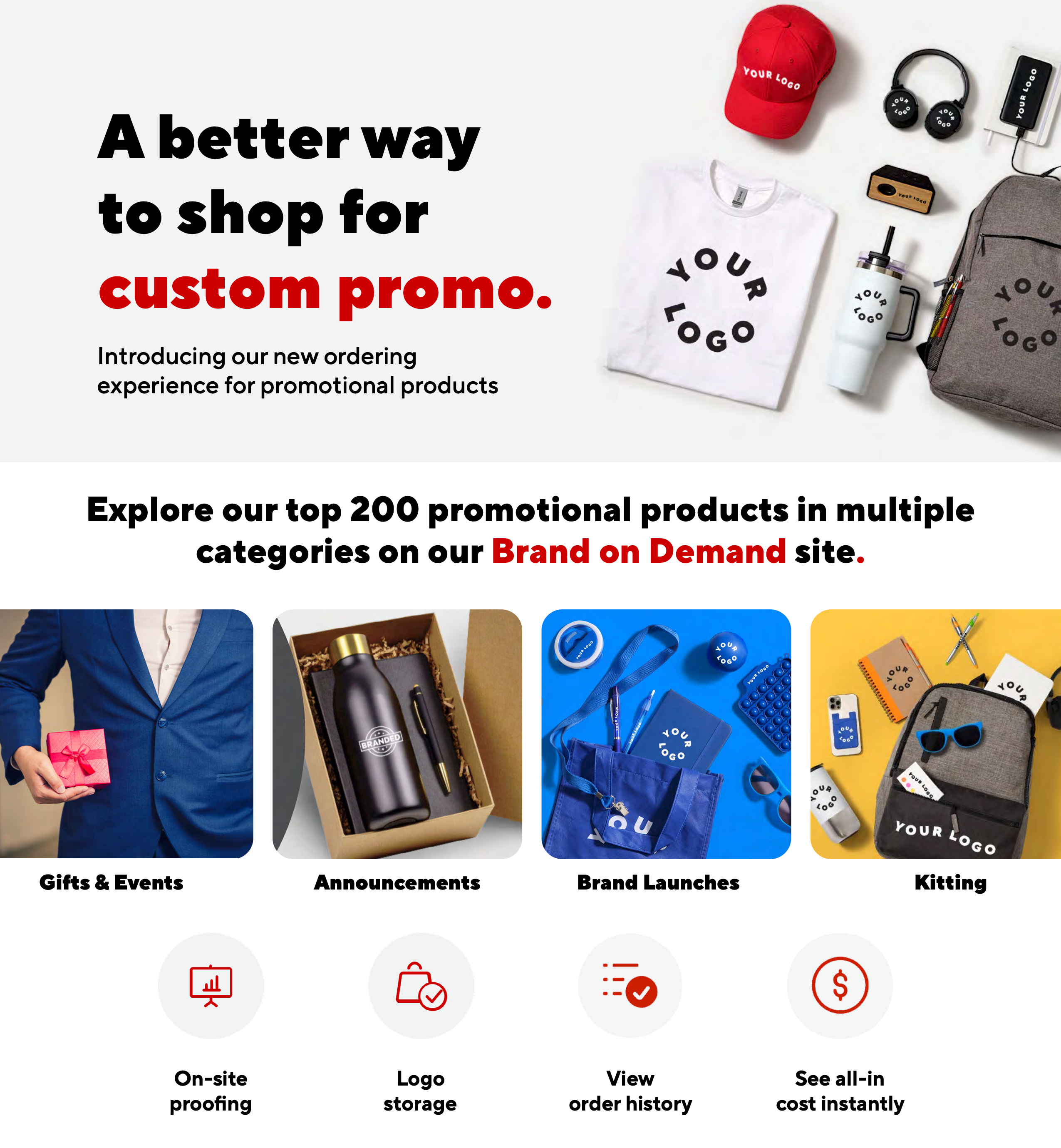 Promotional products with text about a better way to shop for custom promo and Staples' Brand on Demand service.